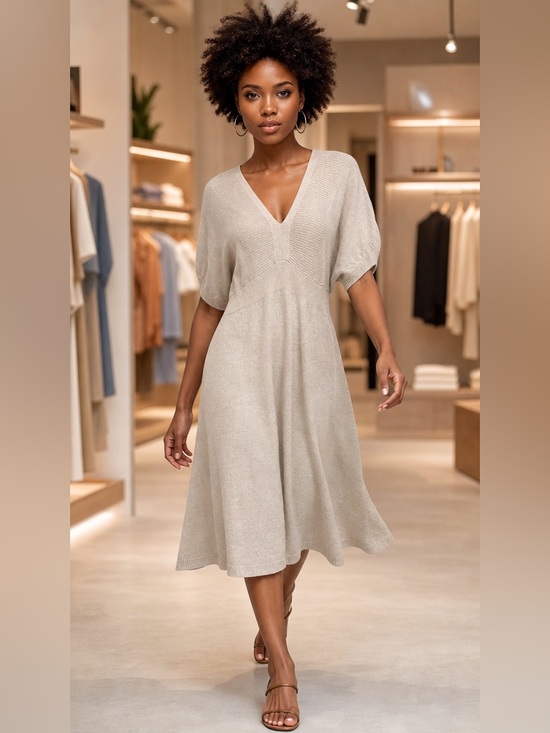 Express Dresses & Skirts - EXPRESS, Knit Oatmeal Beige Dress w/Gold Metallic Threads, Balloon Sleeves, Sz L